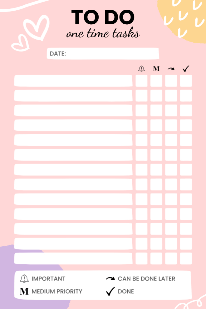 One-time tasks tracker with priority indicators, reminder alerts, and completion checkboxes
