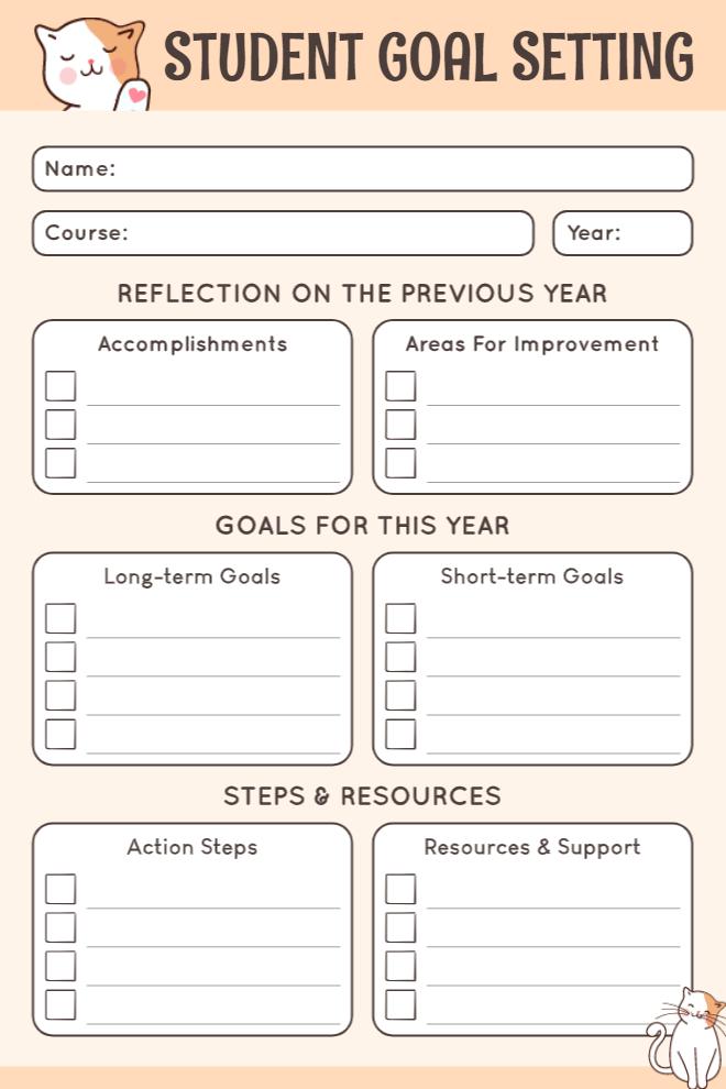 Student Goal Setting template on peach background with kawaii cat illustrations, name/course/year fields, side-by-side reflection boxes, goals for this year boxes, and steps & resources boxes, all with checkbox lists.