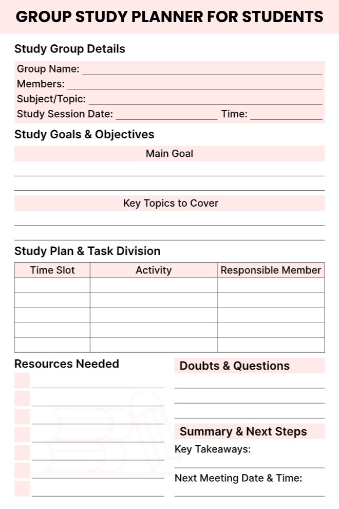 Group Study Planner with group details, study goals, key topics, task division table with responsible member column, resources, doubts, and summary sections on a white background with pink accents.