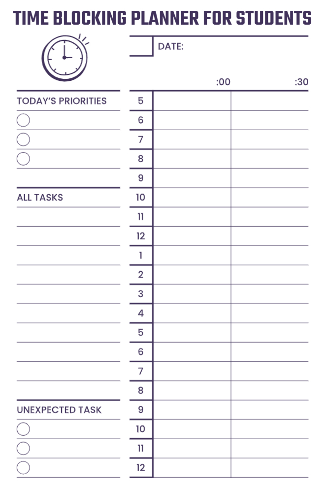 Student time blocking planner with priorities, all tasks list, unexpected tasks section, and hourly schedule