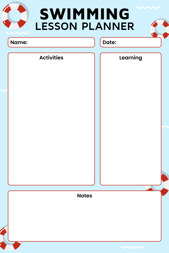 Swimming lesson planner with activities, learning objectives, and notes sections