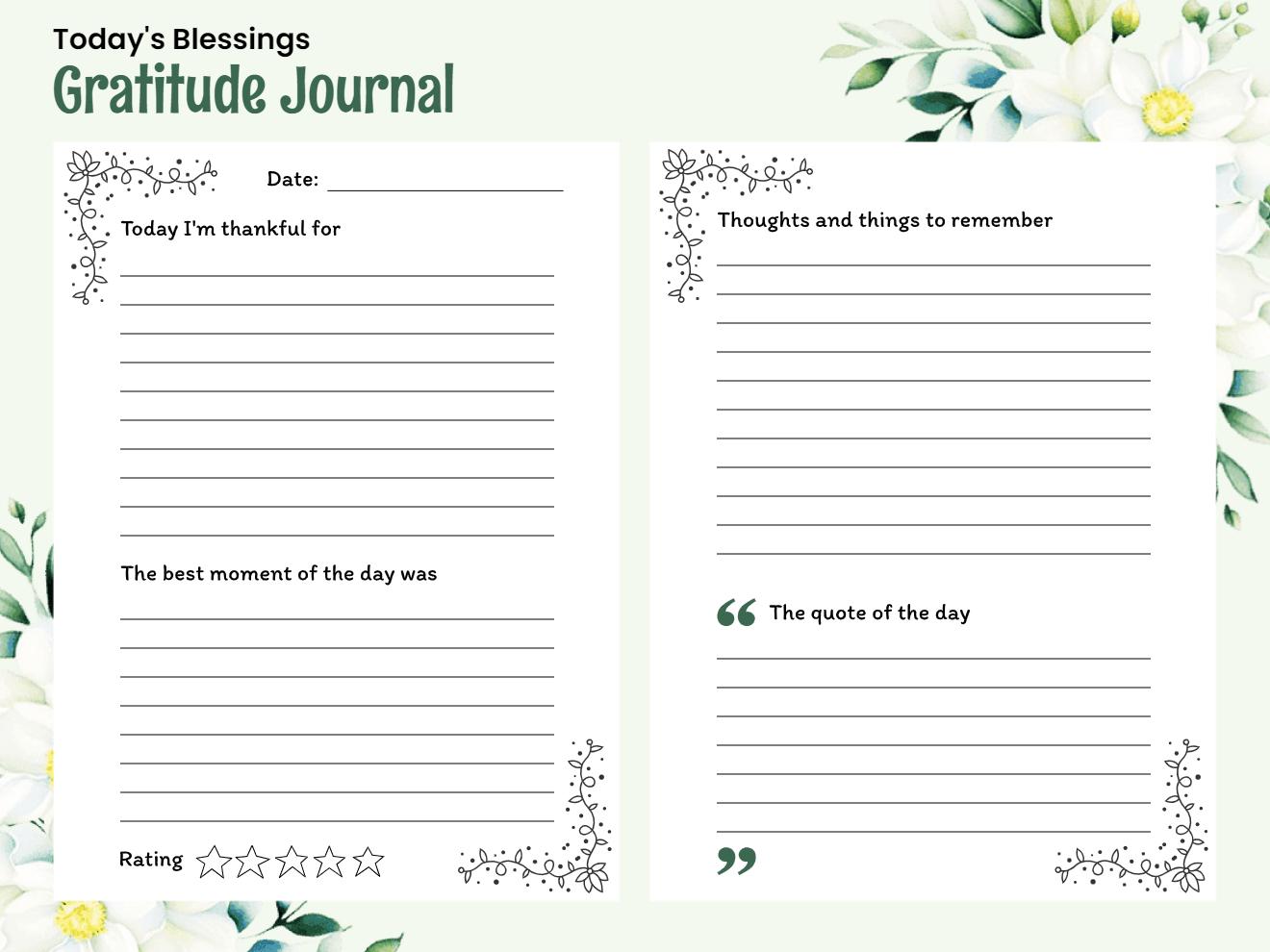 Two-page floral gratitude journal with thankfulness, best moment, thoughts, quote, and five-star day rating sections