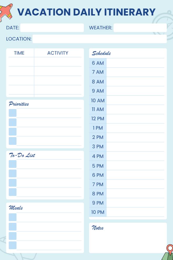 Light blue vacation daily itinerary with time activity table, priorities list, to-do checklist, meals section, hourly schedule, and notes block.