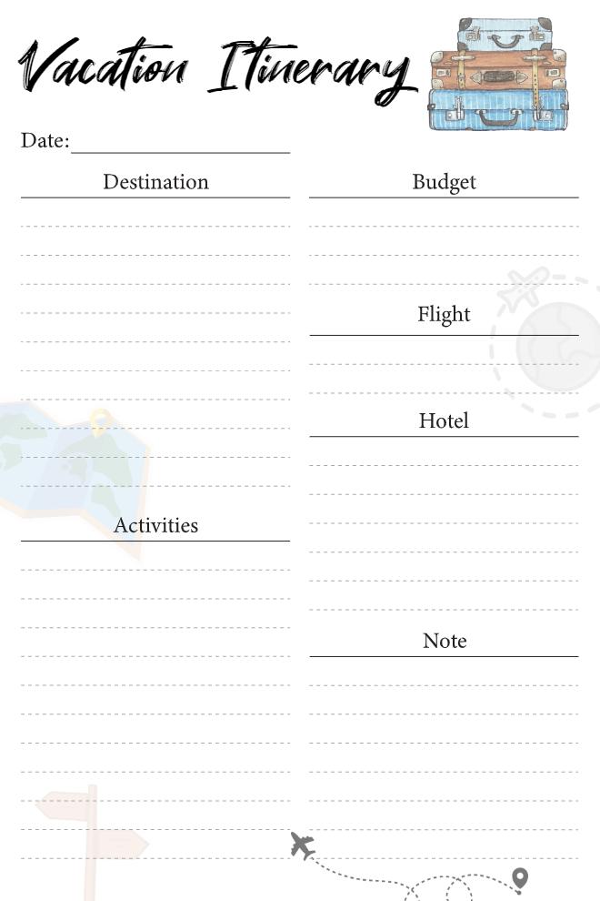 Minimal vacation itinerary with destination and activities columns, budget, flight, hotel, and notes sections, watercolor map illustrations on a white dotted background.