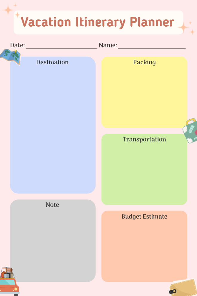 Pastel pink vacation itinerary planner with six color-coded sections for destination, packing, transportation, notes, and budget estimate.