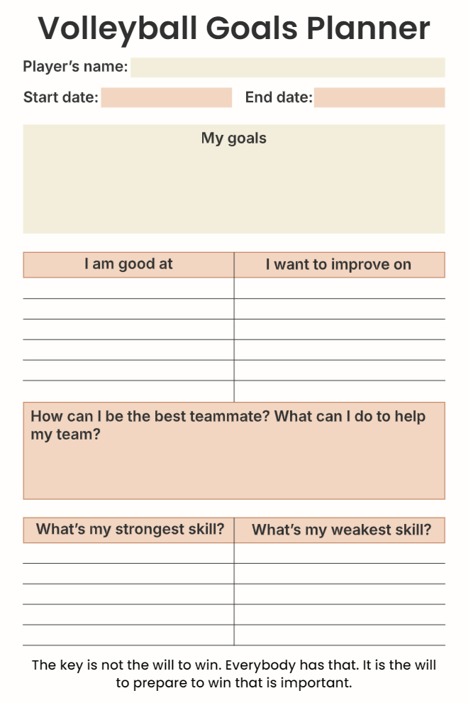 Volleyball goals planner with player info, goals, strengths, improvements, teamwork, and skills assessment