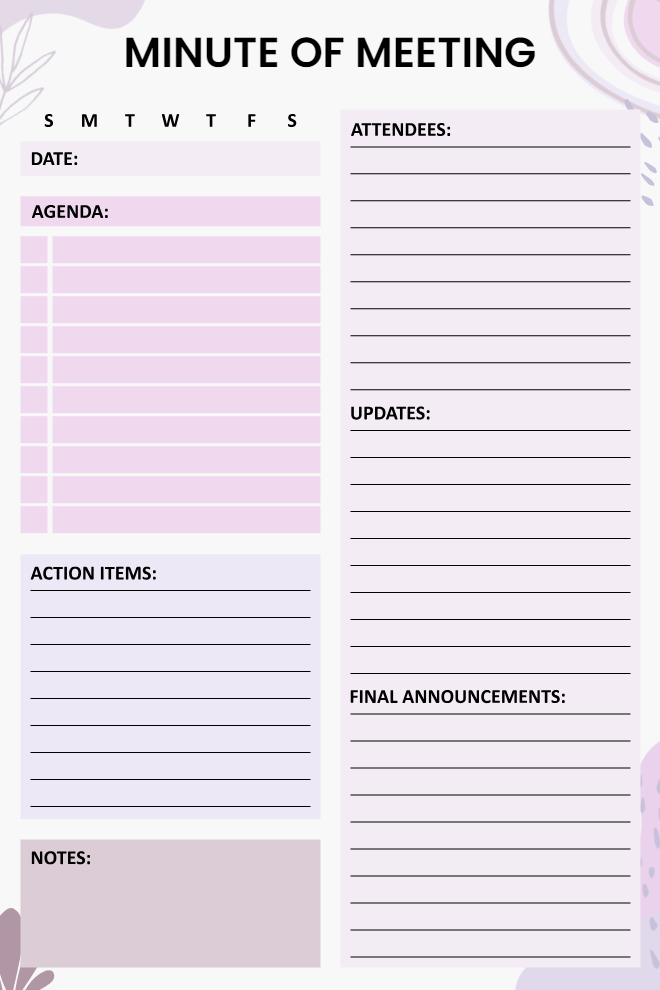 Minute of Meeting template on light lavender background with purple abstract shapes, day selector, date, and agenda list on left, attendees and updates on right, action items, notes box, and final announcements section.