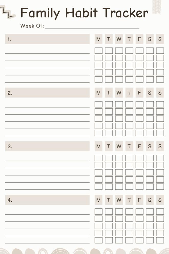 Family habit tracker with four sections for tracking multiple habits weekly