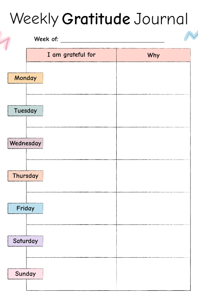 Weekly gratitude journal with colorful day labels and two columns for Monday through Sunday