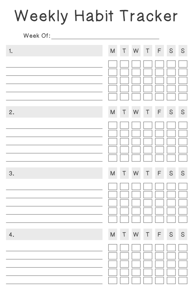 Minimalist weekly habit tracker with four sections and daily checkbox grids