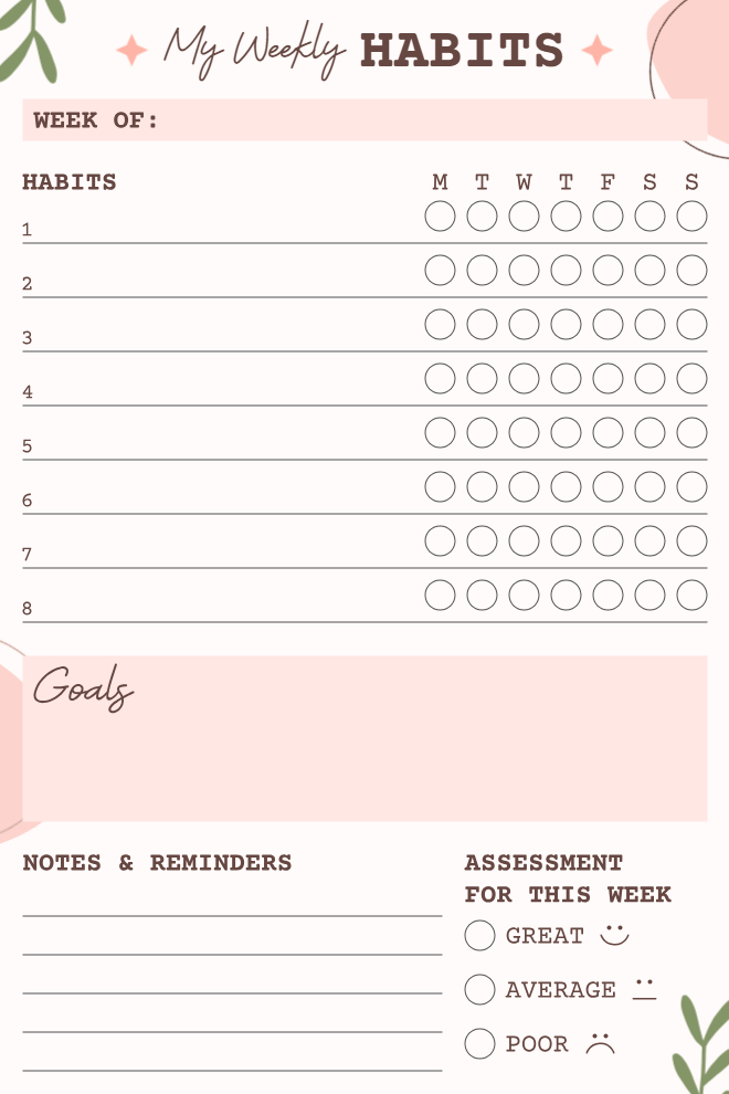 Weekly habits tracker with 8 habit rows, goals, notes, and self-assessment options