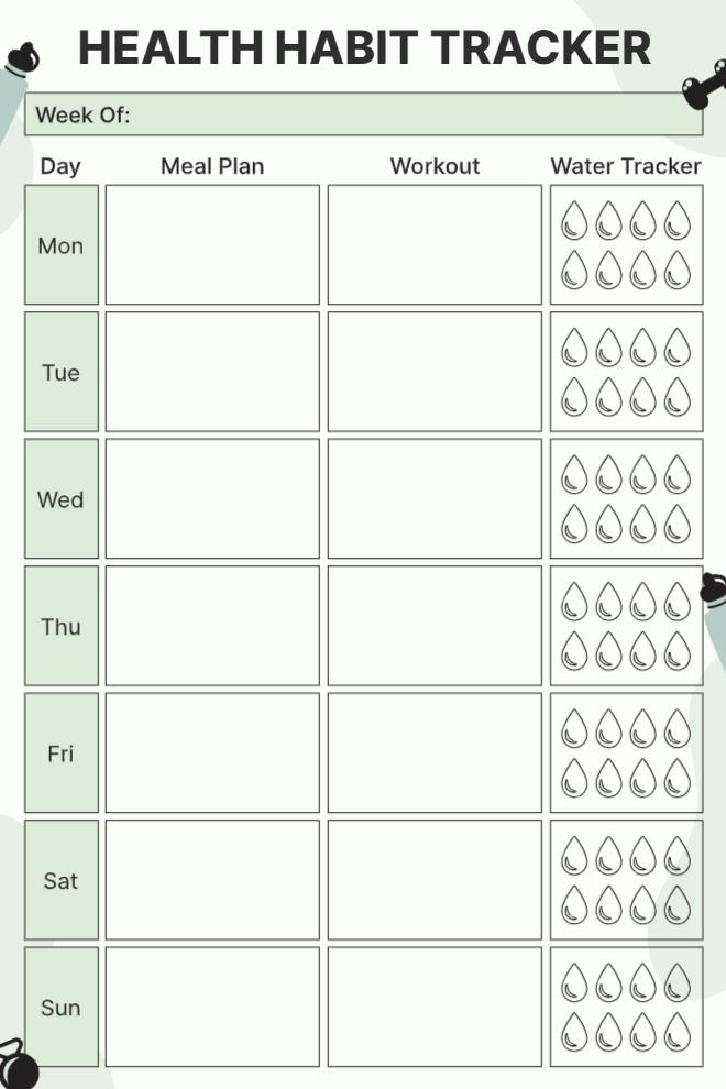Weekly health habit tracker with meal plan, workout, and water intake columns