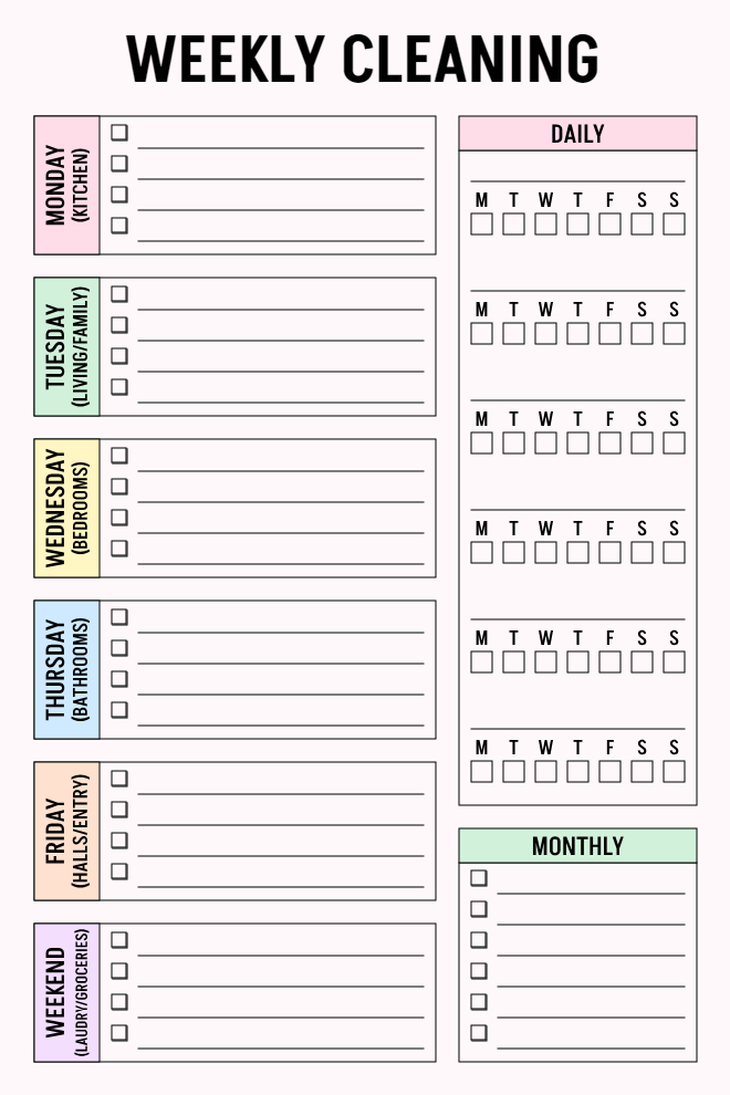 Weekly Cleaning planner on light pink background, six pastel color-coded day sections with room labels and checkbox task lines on left, daily 7-day tracker grid on right, and monthly checklist section at bottom right.