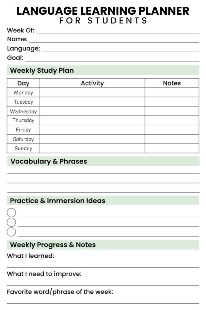 Language Learning Planner with weekly study plan table, vocabulary section, immersion ideas checklist, and weekly progress reflection on a white background with green accents.
