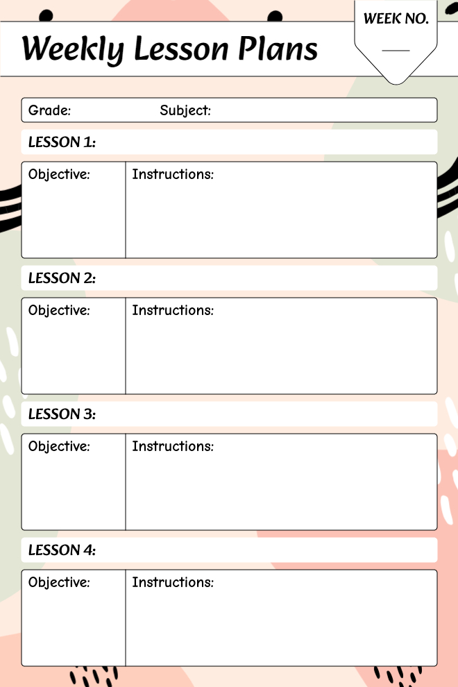 Weekly lesson plans template with space for four lessons showing objectives and instructions