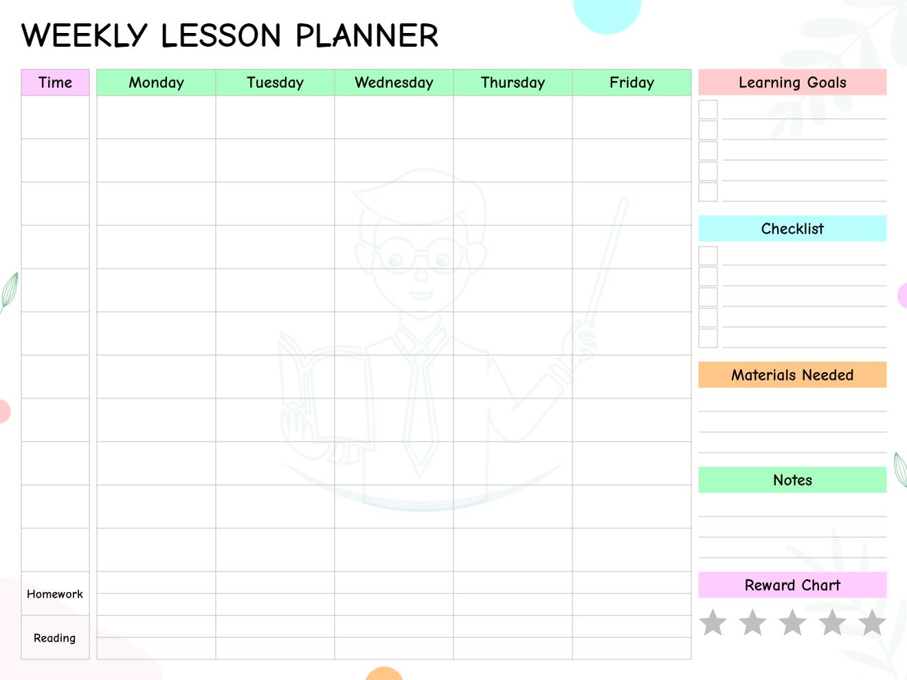 Weekly lesson planner grid with time slots, daily columns, learning goals, checklist, and reward chart