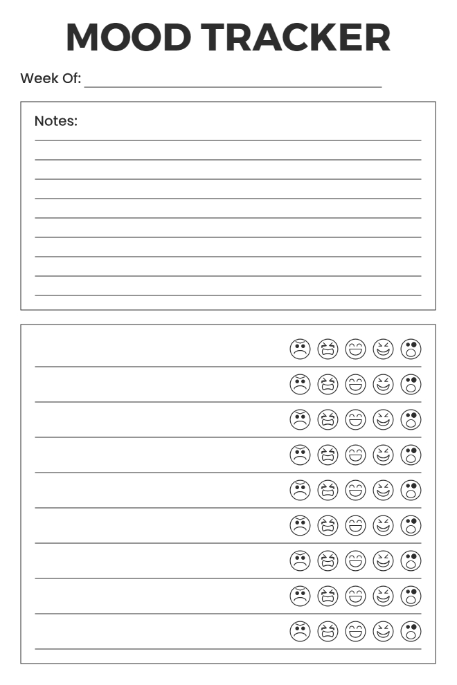 Weekly mood tracker with notes section and emoji rating rows