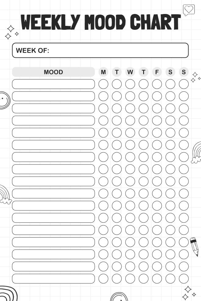 Blank weekly mood chart with customizable rows and daily tracking bubbles