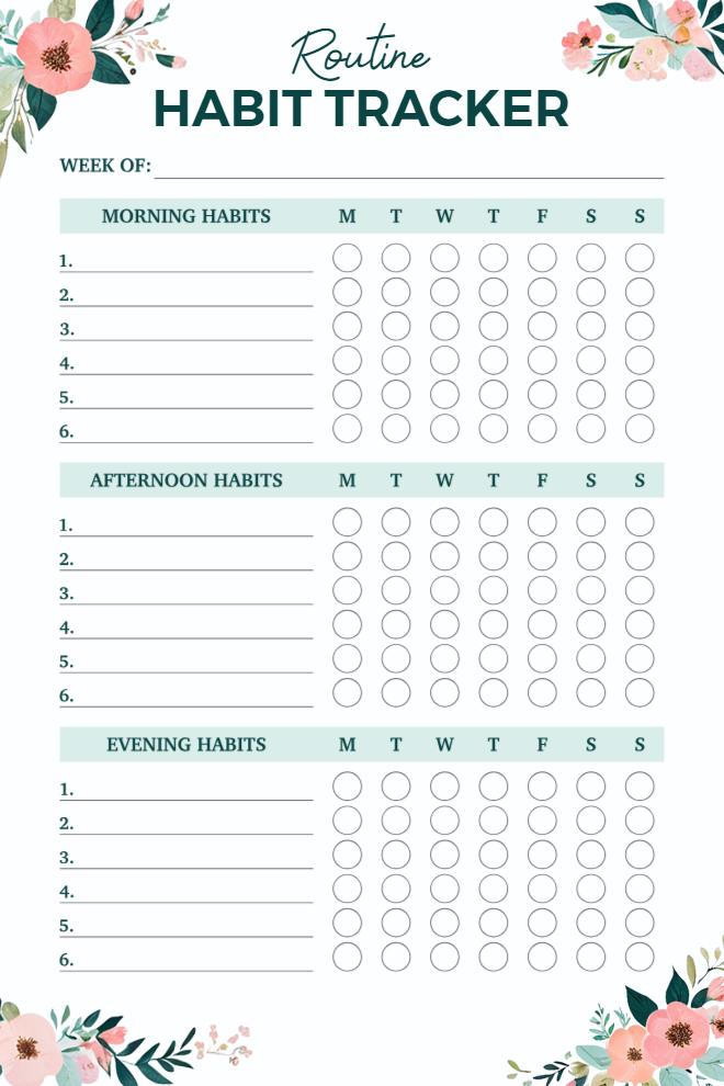 Routine habit tracker divided into morning, afternoon, and evening sections with a floral design
