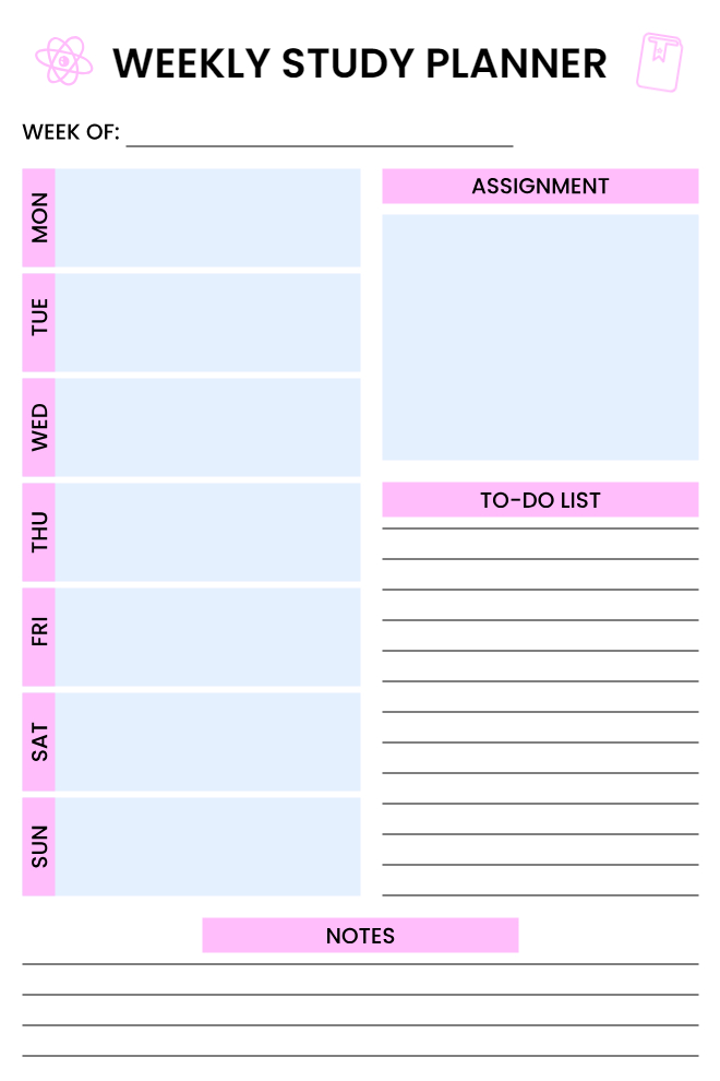Weekly Study Planner in pink and blue with 7-day boxes, assignment section, to-do list, and notes on a white background with atom and notebook icons.