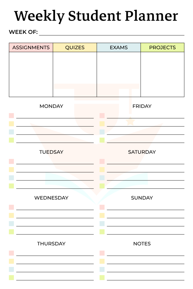 Weekly Student Planner on white with bold black title, pastel 4-column overview table, seven-day sections with color-coded bullet lines for Monday through Sunday, notes section, and faint school desk watermark.