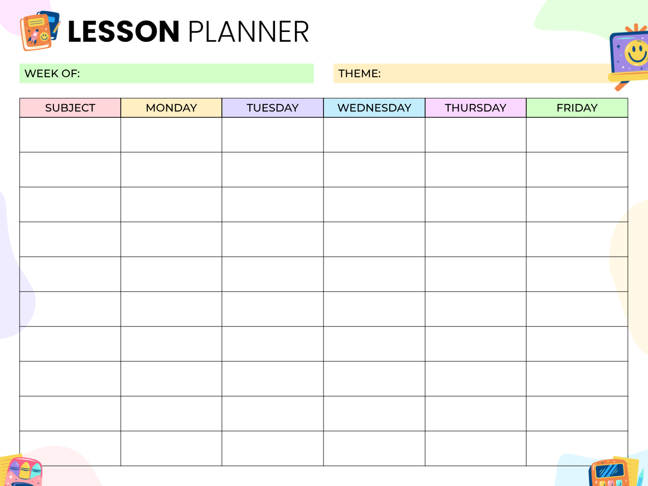 Weekly lesson planner organized by subject with columns for Monday through Friday
