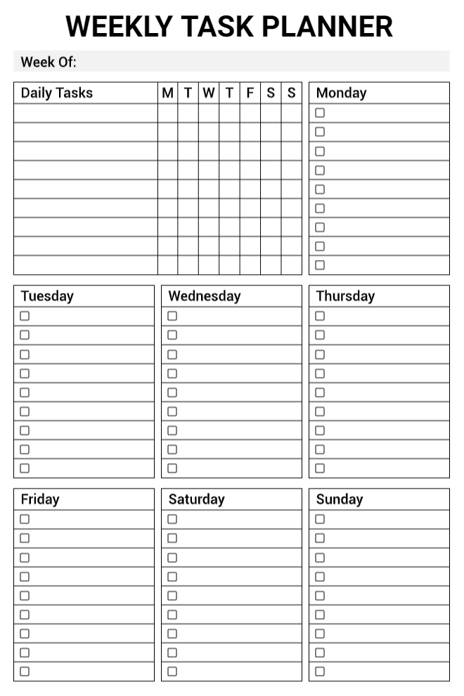 Weekly task planner with daily task grid and individual day sections with checkboxes