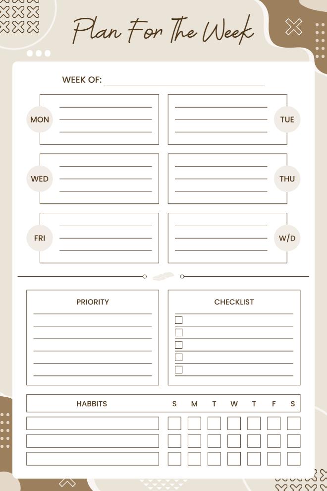 Plan For The Week planner on warm beige background with brown accents, six lined day boxes, priority and checklist sections side by side, and 7-day habits tracker grid at bottom with cross pattern decorations.