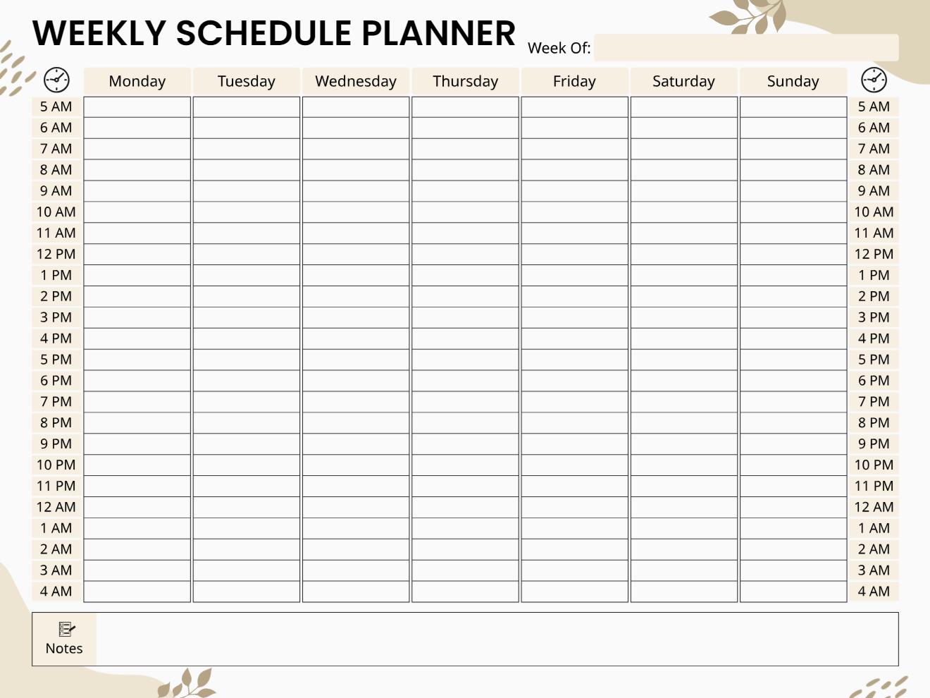 Minimal beige weekly schedule planner with 7-day 24-hour hourly grid from 5 AM to 4 AM, notes section, and subtle leaf corner accents.