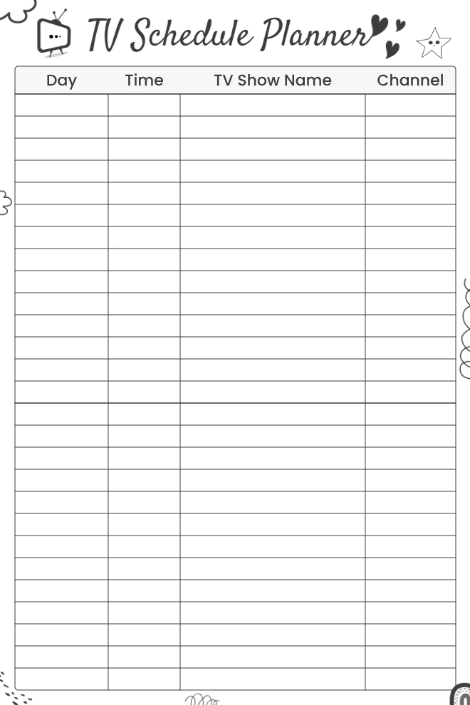 TV Schedule Planner with four-column layout for day, time, show name, and channel on a white background with small TV and star doodle design.