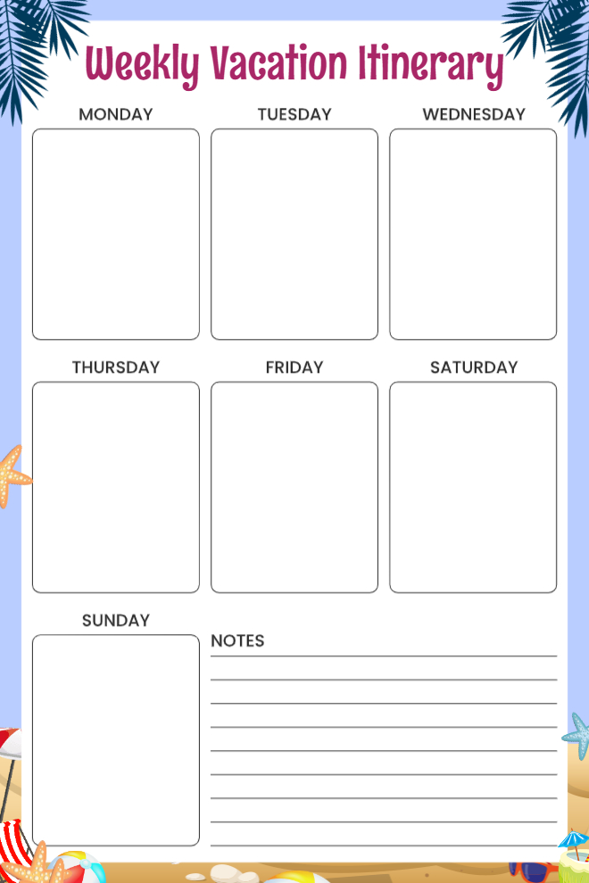 Blue tropical weekly vacation itinerary with seven open daily boxes for Monday through Sunday and a notes section beside Sunday.