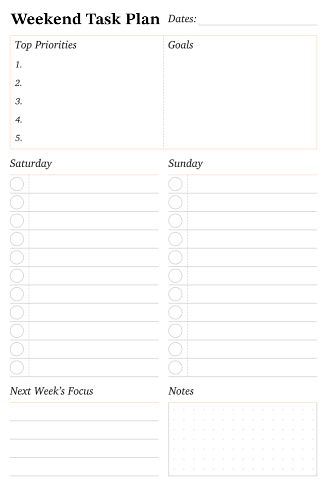 Weekend task plan with priorities, goals, Saturday and Sunday sections, and next week's focus