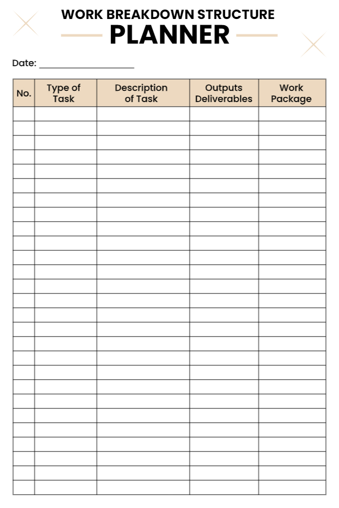 Minimal work breakdown structure planner with numbered rows and four columns for task type, description, deliverables, and work package.