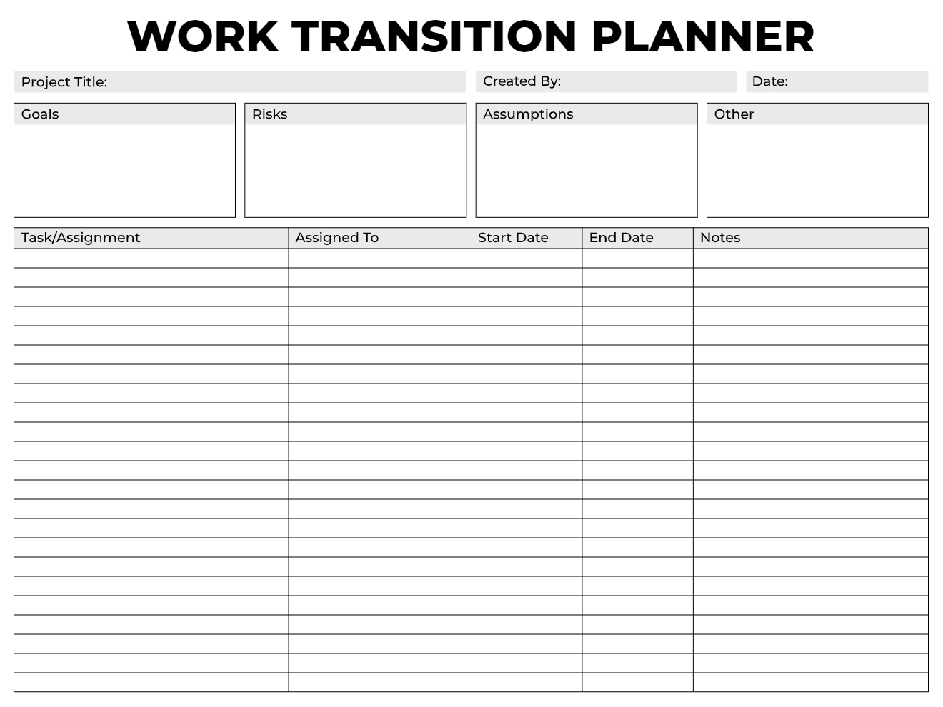 Black and white work transition planner with goals, risks, assumptions sections, and a task assignment table with dates and notes columns.