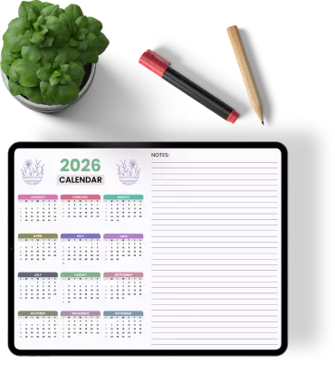 2026-calendar-on-desk-with-plant-pen-and-pencil-flat-lay-office-supplies-template