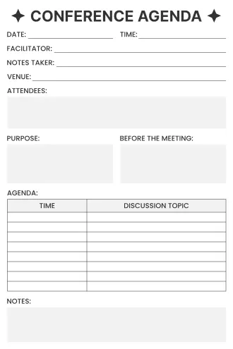 Conference Agenda Planner with date, facilitator, venue, attendees, purpose, pre-meeting prep, timed agenda table, and notes section.