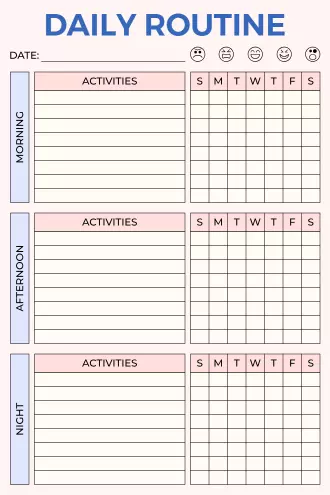 Pink and white daily routine tracker with morning, afternoon, and night sections, weekly habit grid, and mood tracker.