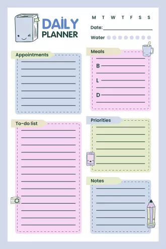 Pastel kawaii-style daily planner with appointments, to-do list, meal planner, priorities, notes, and water tracker sections.