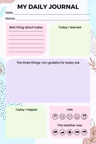 Daily journal template with gratitude section, learning notes, mood tracker, and water intake tracker in pastel colors