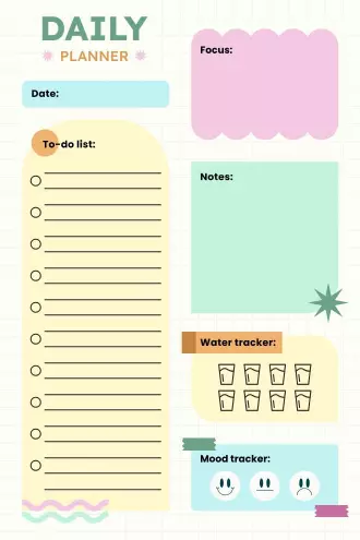 Colorful block-style daily planner with focus section, to-do checklist, water tracker, notes, and emoji mood tracker.