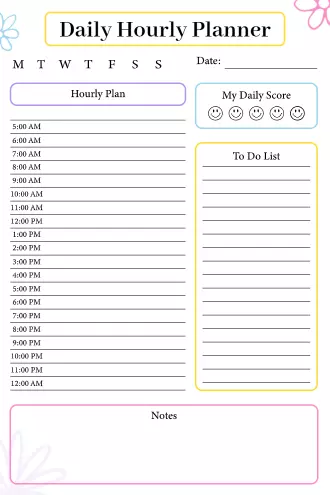 Floral daily hourly planner with full hour-by-hour schedule, emoji score tracker, to-do list, and notes section.