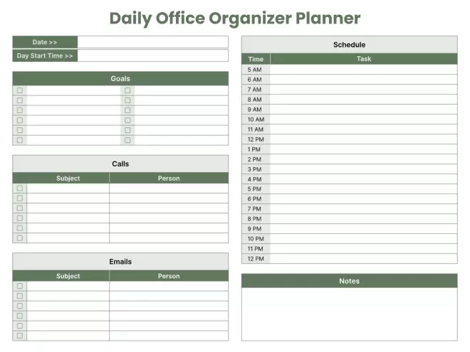 Daily Office Organizer Planner in green and white with goals, call log, email log, hourly schedule from 5 AM to 12 PM, and notes section.