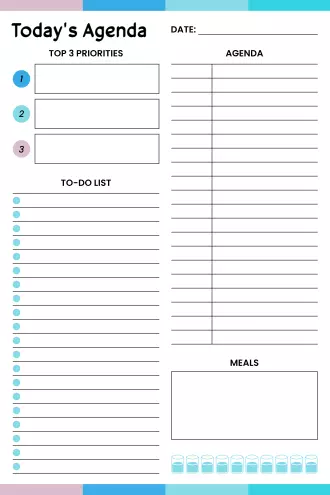 Today's Agenda Planner in blue and pink with top 3 priorities, to-do list, timed agenda, meals box, and water intake tracker.