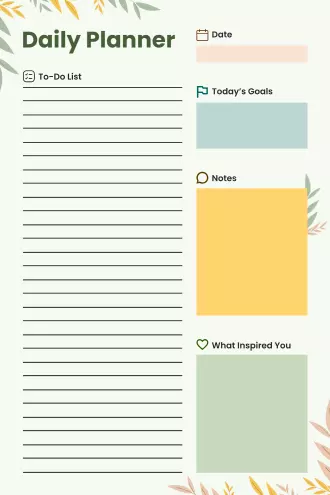 Soft green botanical daily planner with to-do list, today's goals, notes block, and an inspiration section.