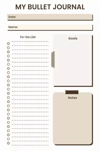 Minimalist bullet journal template with to-do list, goals section, and notes area in beige