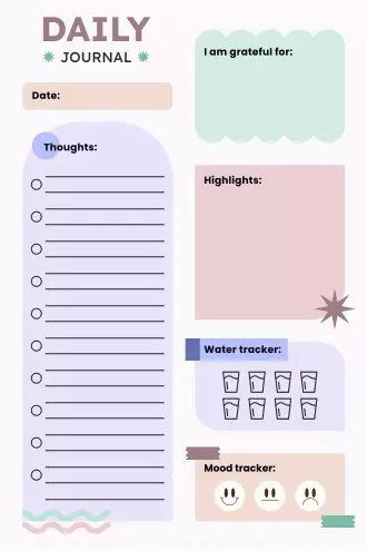 Daily journal with gratitude, thoughts, highlights, water tracker, and mood rating sections in pink tones