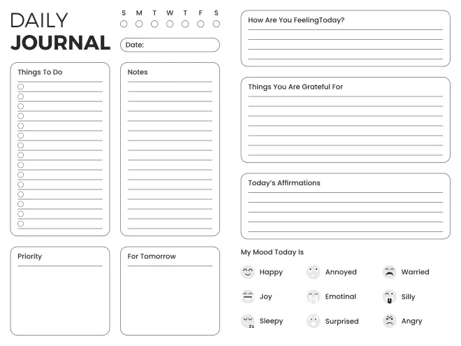 Daily journal with mood tracking, feelings check-in, gratitude, tasks, meals, and reflection questions