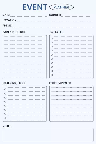Event Planner template in blue with date, budget, location, theme, party schedule, to-do list, catering, entertainment, and notes sections.