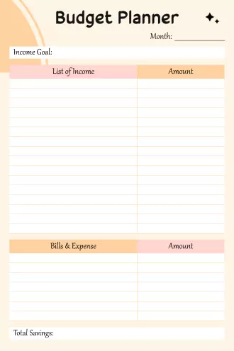 Monthly Budget Planner in peach design with income goal, income list, bills and expenses, amount columns, and total savings section.