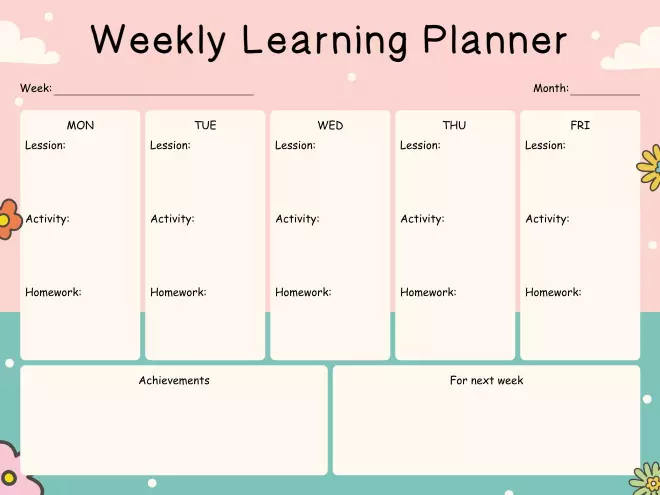 Weekly Learning Planner in pink and teal with 5-day columns for lesson, activity, and homework, plus achievements and next week sections.